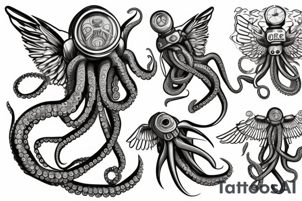an octopus in a diving suit and with wings on a stone island that soars in the sky tattoo idea