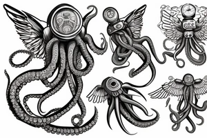 an octopus in a diving suit and with wings on a stone island that soars in the sky tattoo idea