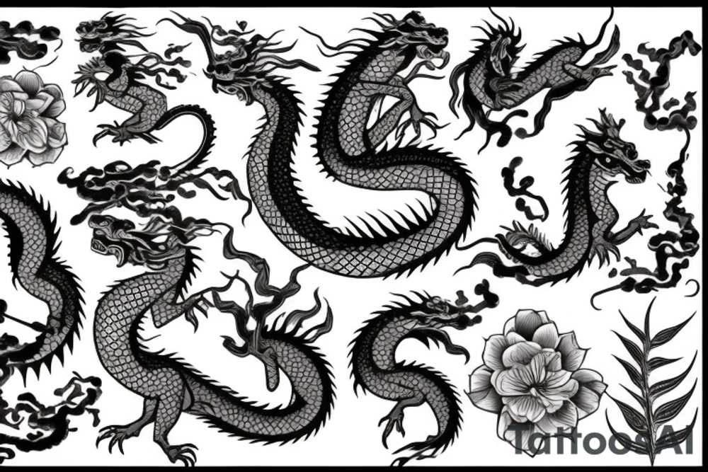 Asian dragon with leaves and flowers for scales tattoo idea