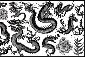 Asian dragon with leaves and flowers for scales tattoo idea
