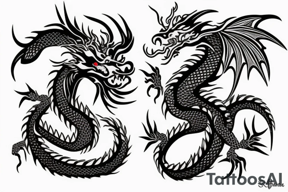 Asian dragon with leaves and flowers for scales tattoo idea