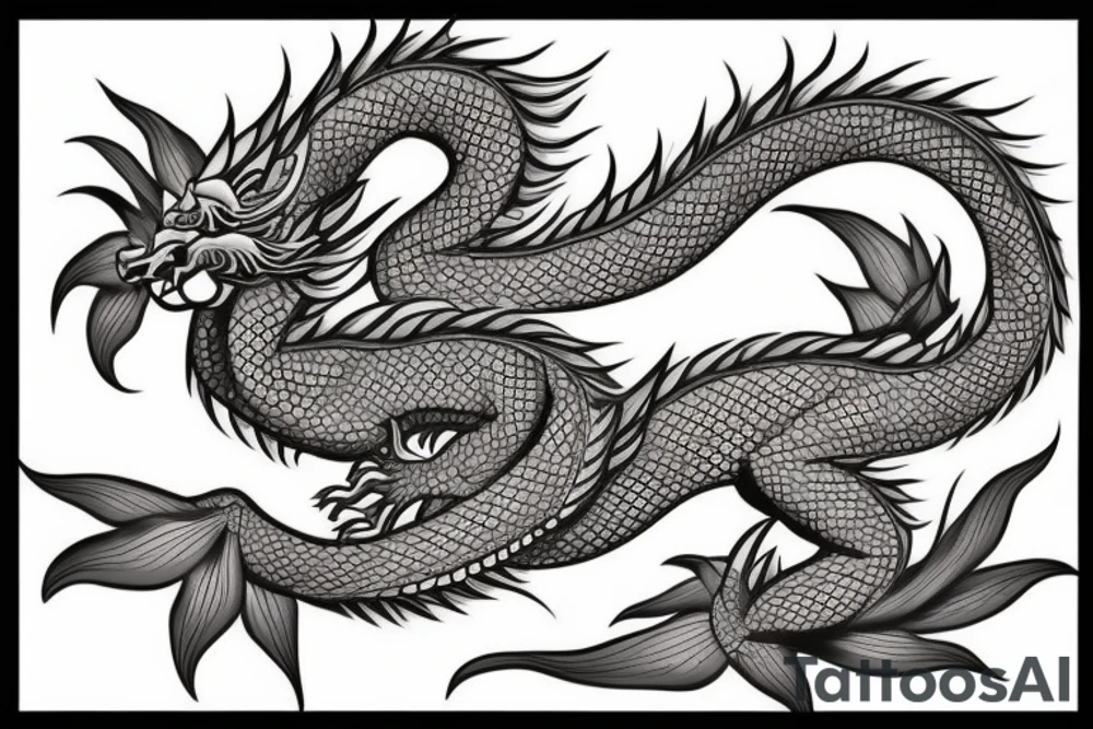 Asian dragon with leaves and flowers for scales tattoo idea