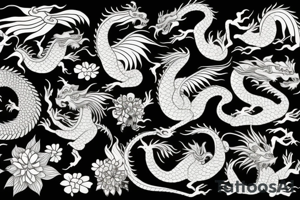 Asian dragon with leaves and flowers for scales tattoo idea