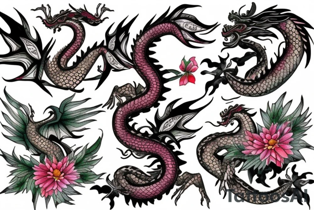 Asian dragon with leaves and flowers for scales tattoo idea