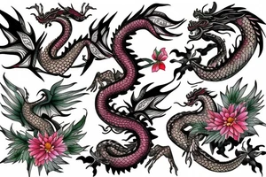 Asian dragon with leaves and flowers for scales tattoo idea