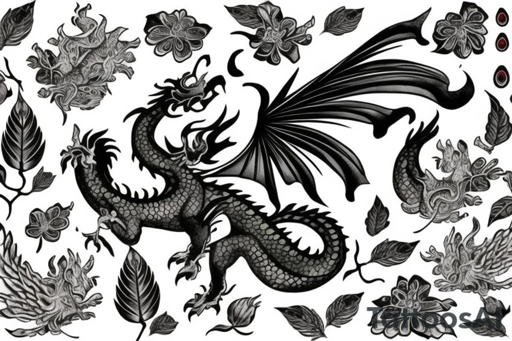 Asian dragon with leaves and flowers for scales tattoo idea
