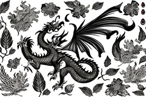 Asian dragon with leaves and flowers for scales tattoo idea