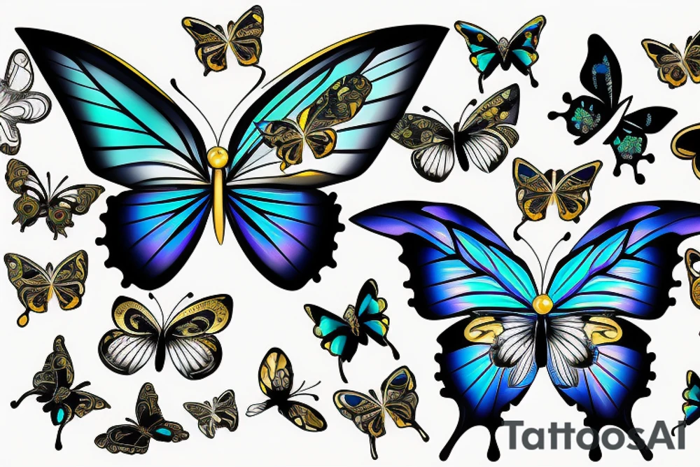 Diamond butterfly with half translucent and half gold, white, black, blue colors tattoo idea