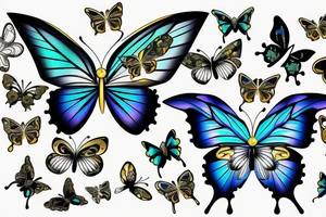 Diamond butterfly with half translucent and half gold, white, black, blue colors tattoo idea