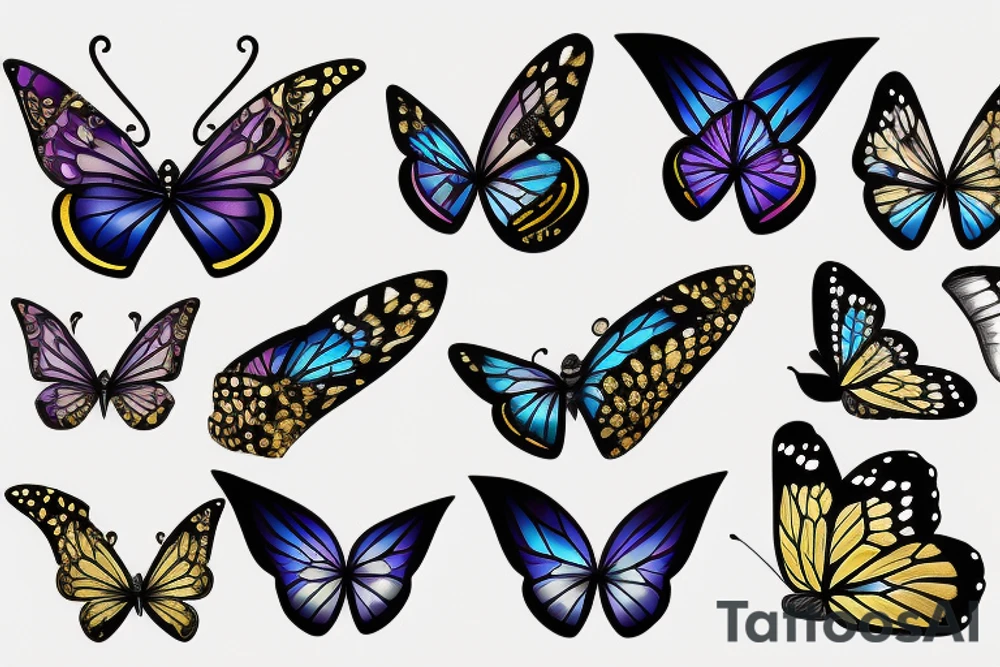 Diamond butterfly with half translucent and half gold, white, black, blue colors tattoo idea