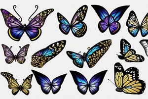 Diamond butterfly with half translucent and half gold, white, black, blue colors tattoo idea