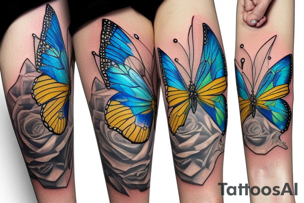 Diamond butterfly with half translucent and half gold, white, black, blue colors tattoo idea