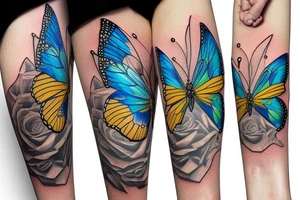 Diamond butterfly with half translucent and half gold, white, black, blue colors tattoo idea