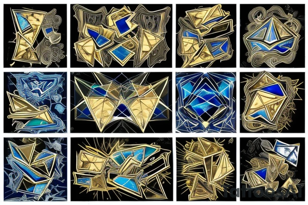 Diamond abstract with half translucent and half gold, white, black, blue colors tattoo idea