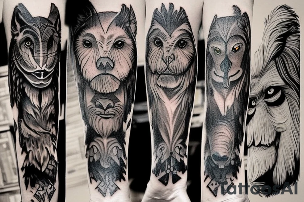An owl, a wolf and a lion, an elephant with a gorilla on its bacj tattoo idea