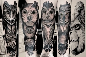 An owl, a wolf and a lion, an elephant with a gorilla on its bacj tattoo idea