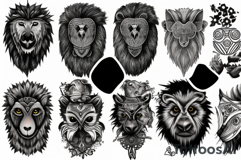 An owl, a wolf and a lion, an elephant with a gorilla on its bacj tattoo idea
