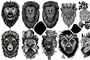 An owl, a wolf and a lion, an elephant with a gorilla on its bacj tattoo idea