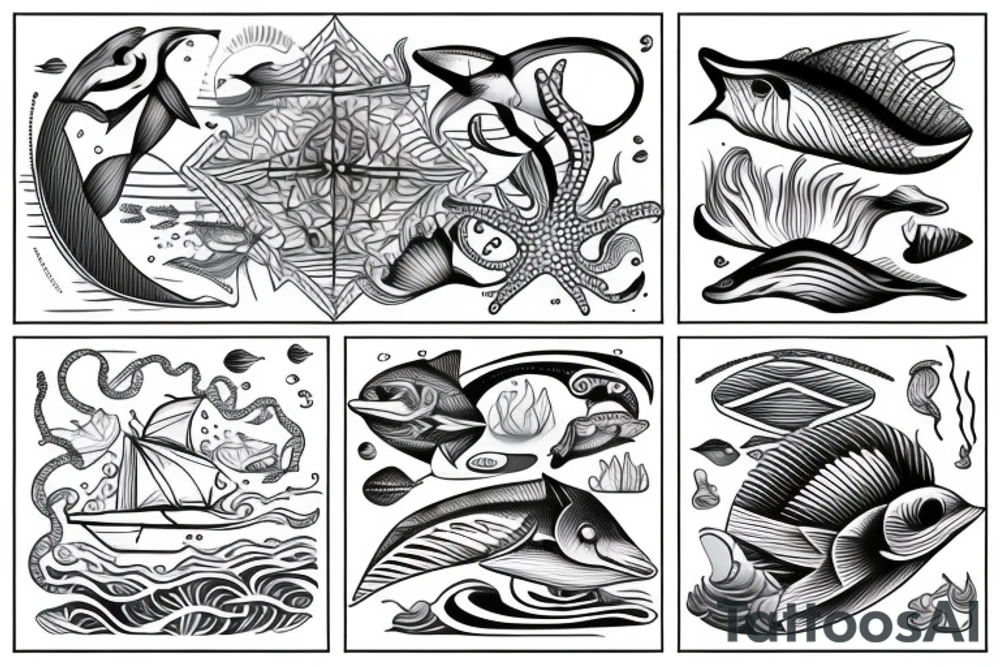 Ocean based design with aesthetic lines and geometrical shapes tattoo idea