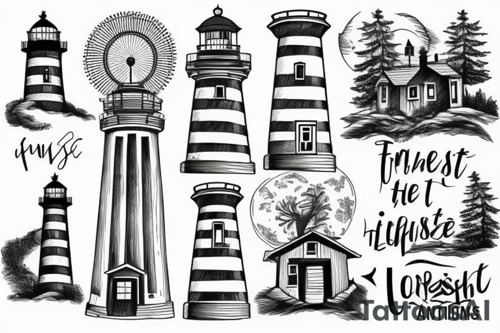 A lighthouse at the end of a path through a forest tattoo idea