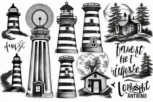 A lighthouse at the end of a path through a forest tattoo idea