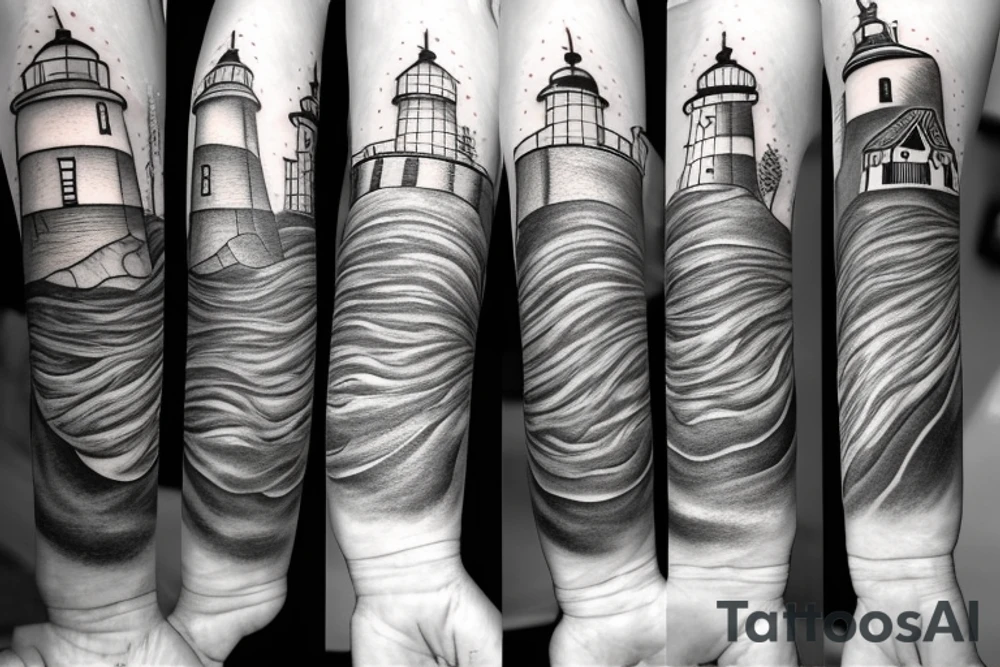 A lighthouse at the end of a path through a forest tattoo idea