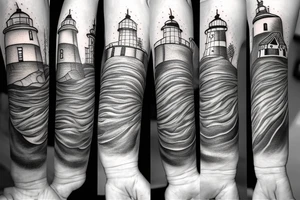 A lighthouse at the end of a path through a forest tattoo idea