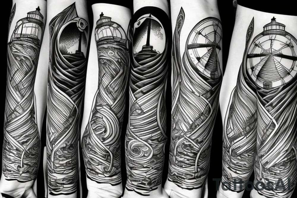 A lighthouse at the end of a path through a forest tattoo idea