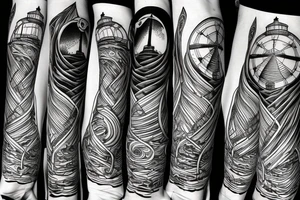 A lighthouse at the end of a path through a forest tattoo idea