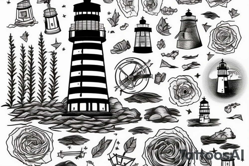 A lighthouse at the end of a path through a forest tattoo idea
