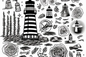 A lighthouse at the end of a path through a forest tattoo idea