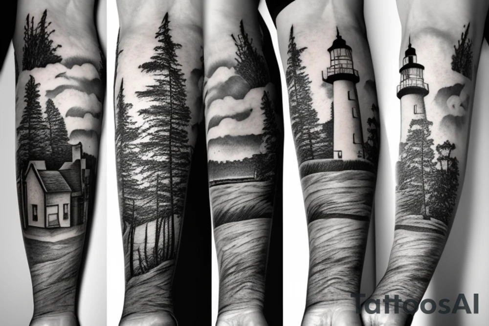 A lighthouse at the end of a forest path tattoo idea