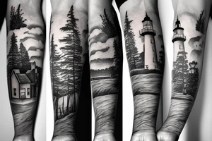 A lighthouse at the end of a forest path tattoo idea