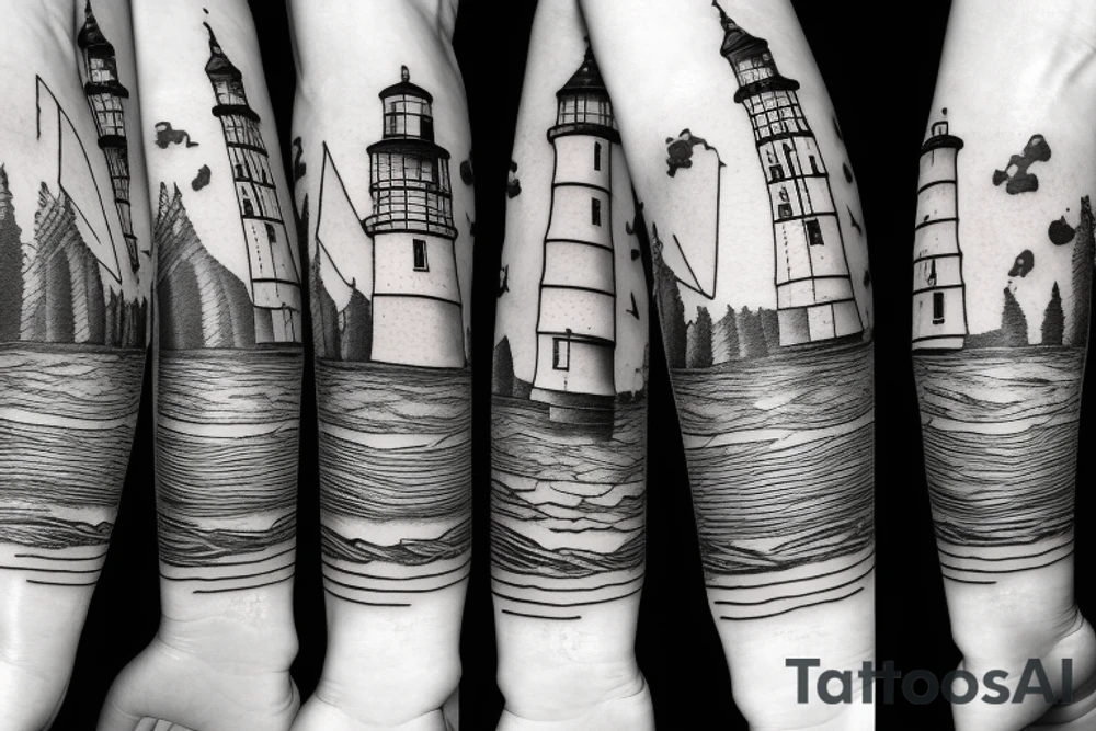 A lighthouse at the end of a forest path tattoo idea