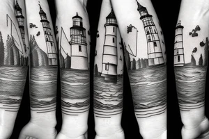 A lighthouse at the end of a forest path tattoo idea
