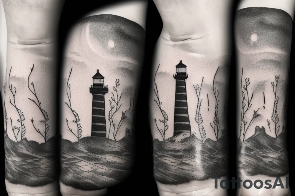 A lighthouse at the end of a forest path tattoo idea
