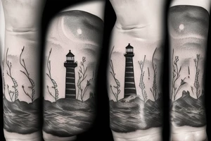 A lighthouse at the end of a forest path tattoo idea