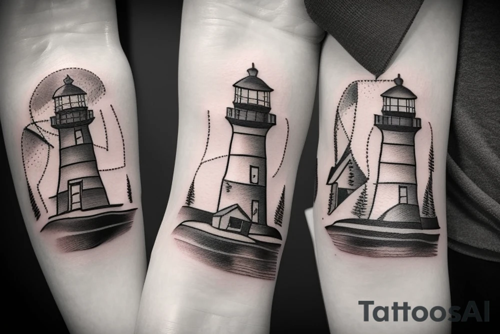 A lighthouse at the end of a forest path tattoo idea