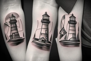 A lighthouse at the end of a forest path tattoo idea