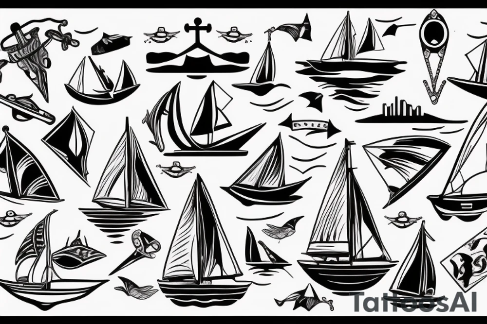 Sailboat, against the background of anchor, swallows, Sailboat, on the background of anchors, swallows, time of adventures tattoo idea