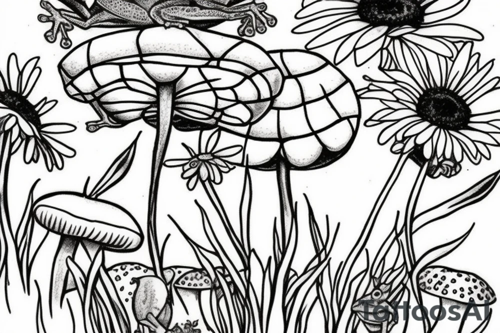 frog on a mushroom with bee in background, also add daisy flowers tattoo idea