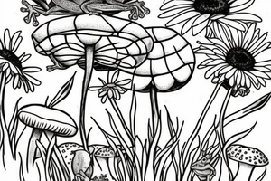 frog on a mushroom with bee in background, also add daisy flowers tattoo idea
