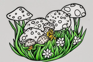 frog on a mushroom with bee in background, also add daisy flowers tattoo idea