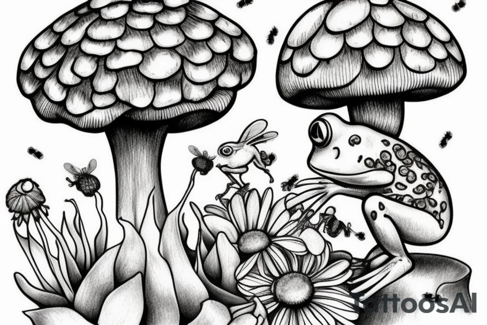 frog on a mushroom with bee in background, also add daisy flowers tattoo idea