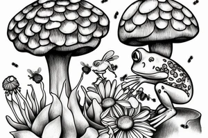 frog on a mushroom with bee in background, also add daisy flowers tattoo idea