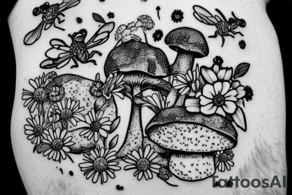frog on a mushroom with bee in background, also add daisy flowers tattoo idea