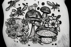 frog on a mushroom with bee in background, also add daisy flowers tattoo idea