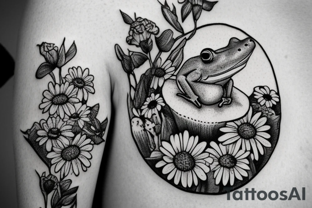 frog on a mushroom with bee in background, also add daisy flowers tattoo idea