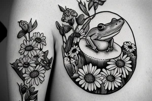 frog on a mushroom with bee in background, also add daisy flowers tattoo idea