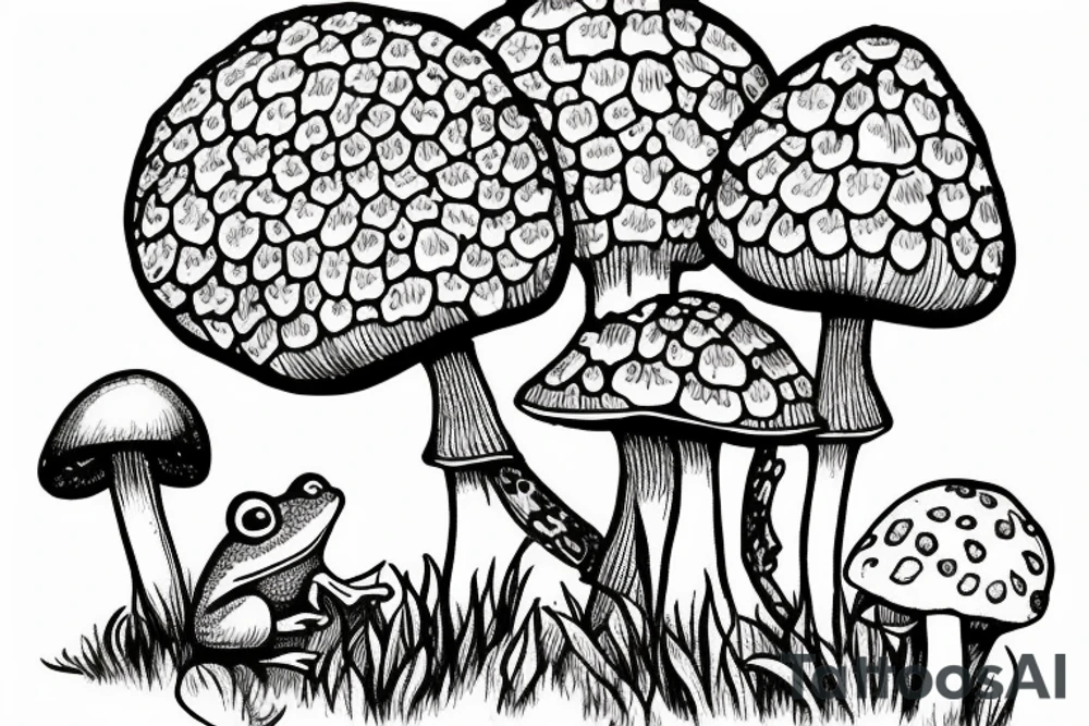 frog on a mushroom with bee in background, also add daisy flowers tattoo idea